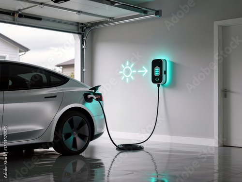 Electric car charging in home garage with wall charger.