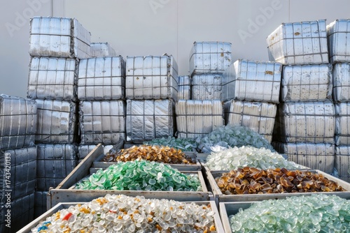 Recycled glass cullet sorted in bins with stacked metal bales outdoors.