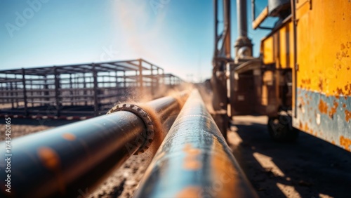 Industrial pipeline with rotating cleaning tool throwing dust.