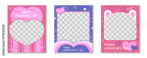 Valentine Day social media frame templates with love hearts, pink and blue backgrounds for photo posts. Romantic greeting cards with transparent cutouts and decorative elements for couples content.