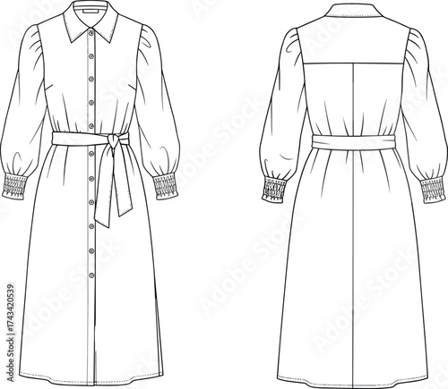 Women dress flat fashion sketch, collared neckline technical drawing, puff sleeve design, waist tie belt detail, apparel CAD vector illustration