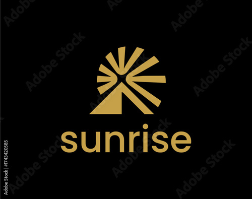 Abstract golden sunrise logo with radiant sun rays over horizon
