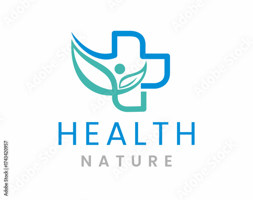 Health and Nature Logo Medical Cross with Leaf and Human Silhouette