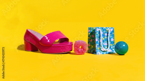 Wallpaper Mural Bright pink shoe and colorful items create a fun shopping scene against a vibrant yellow background Torontodigital.ca