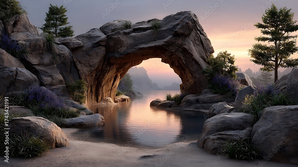 Fototapeta premium A futuristic natural scene where a translucent glass archway intersects pink sky and calm rock-framed lake.