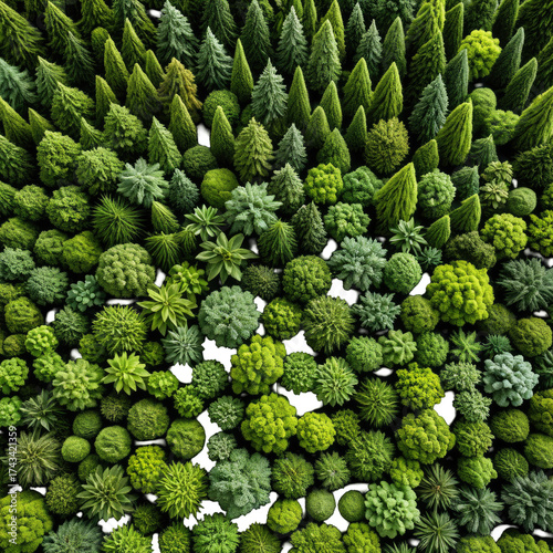 Aerial view of lush, diverse green trees, creating a dense forest canopy