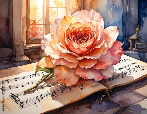 Rose on music notes, sunlight