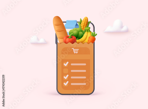 Digital shopping list and food delivery mobile app interface with groceries. Online retail and e-commerce 3D Vector Web Illustration.