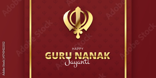 Guru Nanak Jayanti banner with Khanda Sikh religious symbol. Sikhism celebration design, horizontal greeting festival background. Punjab Gurpurab concept. Vector illustration