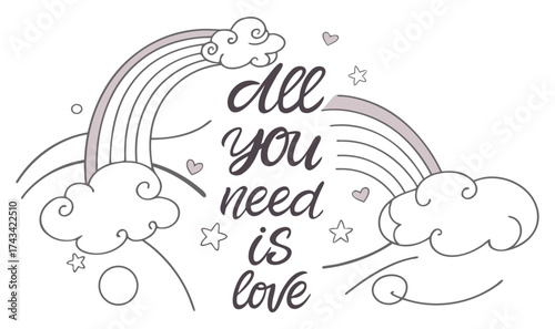 Whimsical Cursive Lettering – “All You Need Is Love” with Dreamy Clouds and Sparkles