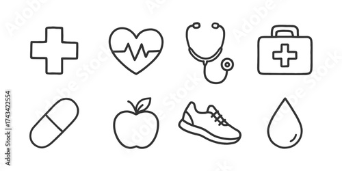 A set of minimalist health and wellness icons, including a medical cross, heart, stethoscope, first aid kit, pill, apple, running shoe, and water drop.