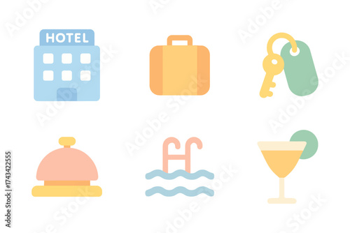 Colorful icons representing travel and hotel services, including a hotel building, suitcase, key, bell, swimming pool, and cocktail