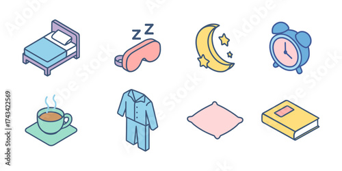 Soft-colored, minimalistic icons representing sleep and relaxation, including a bed, sleep mask, moon with stars, alarm clock, tea cup, pajama set, pillow, and book