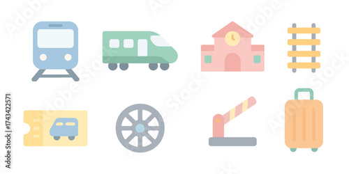 Colorful icons representing transportation and travel, including a train, train station, railway tracks, ticket, wheel, gate, and suitcase