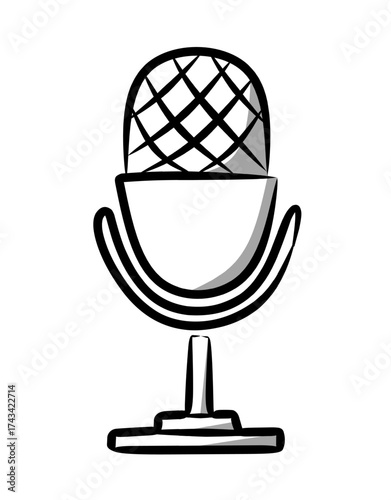 Sketch style black and white microphone illustration with minimal shading representing audio recording, music, podcasting, and modern sound technology for creative media and design projects.