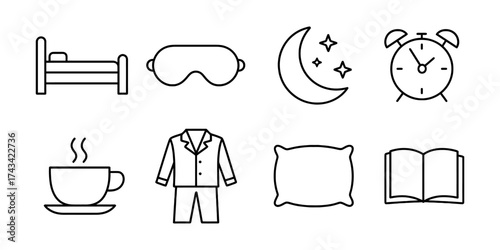 Line icons depicting elements of sleep and relaxation, including a bed, sleep mask, moon with stars, alarm clock, tea cup, pajama set, pillow, and book