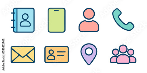 Soft-colored icons representing communication and contact tools, including an address book, smartphone, user profile, phone receiver, envelope, business card, location pin, and group of people.