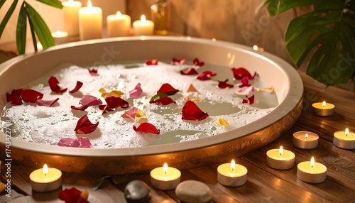 Round bathtub filled with rose petals and bubbles, surrounded by candles