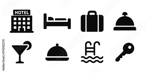 Black icons representing hotel and vacation essentials, including a hotel, bed, suitcase, bell, swimming pool, cocktail, and key