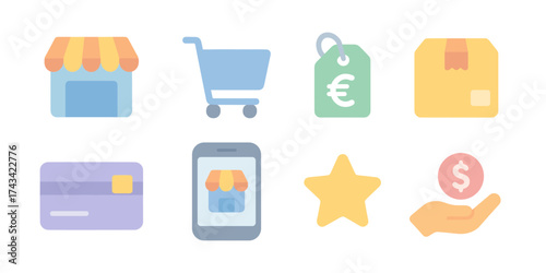 A set of icons related to shopping: store, cart, price tags, package, credit card, mobile phone, star, and a hand with a coin.
