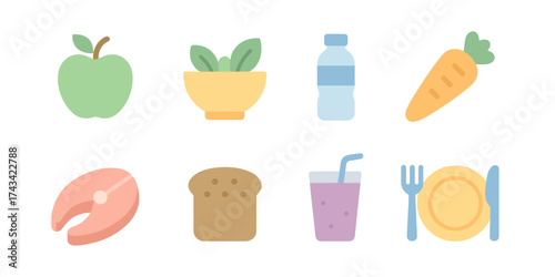 Healthy food icons including fruits, vegetables, drinks, and meals. Represents a nutritious lifestyle with apple, salad, water, bread, and fish.