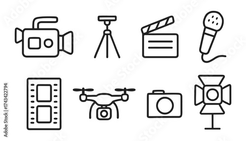 Icons representing the film industry, video production, and content creation tools like cameras, tripods, drones, and microphones.
