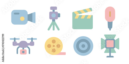 Colorful icons representing filmmaking equipment, including cameras, drones, tripods, and lighting tools for video production.
