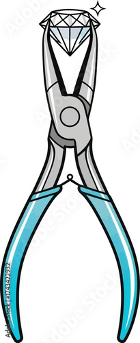 A pair of pliers with turquoise handles firmly grips a brilliant, faceted, and sparkling diamond.
