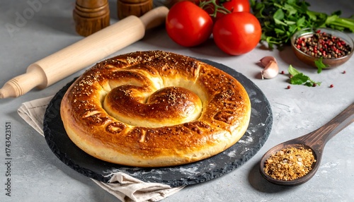 Round, baked bread with visible text