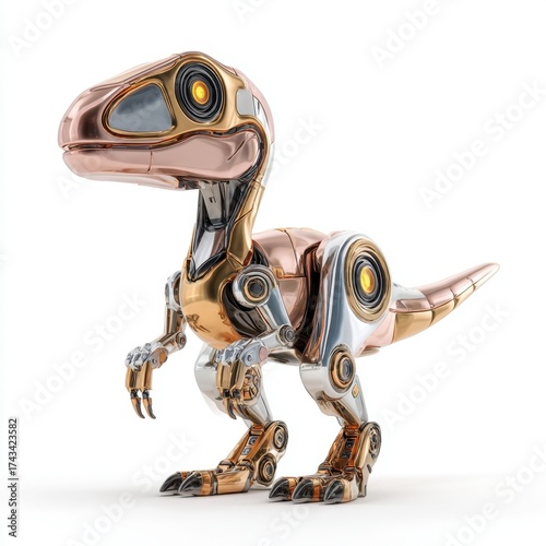 A metallic robot dinosaur with copper and silver plating on a white background
