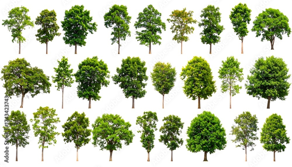 Fototapeta premium Collection of various trees against a white background