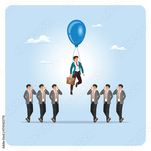 Outstanding concept. Initiative businessman flying with balloon.