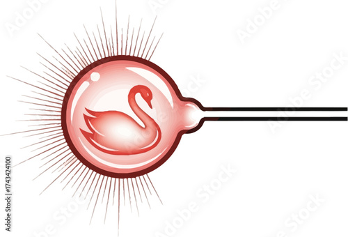Illustration of a graceful swan enclosed within a radiant red glass bulb.