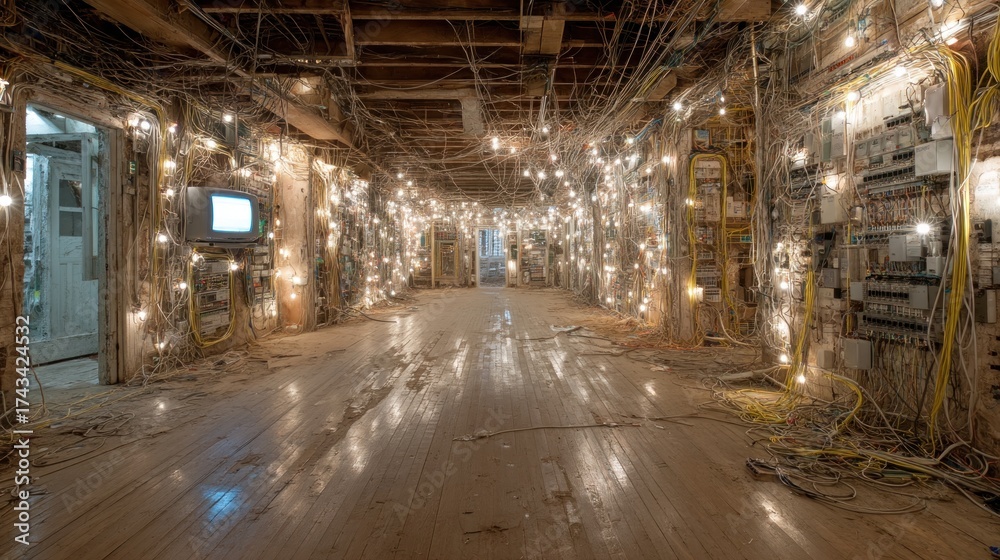 Obraz premium Illuminated chaos: a network of wires and lights creating a unique scene