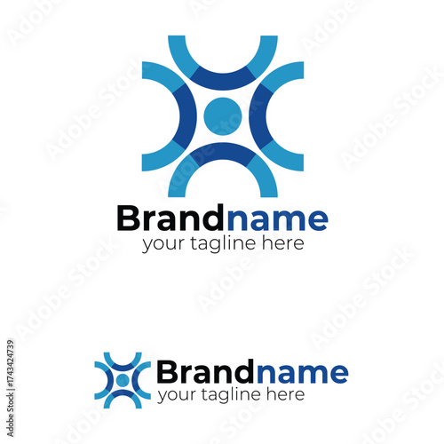 Abstract Blue People Connecting Logo Design: Symbol for Community, Teamwork, Social Network, Global Connection, and Collaborative Business