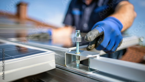 Installer fastening a bolt on a rooftop solar mounting rail.