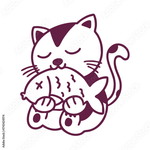 A cute cartoon cat with closed eyes happily hugging a big fish.