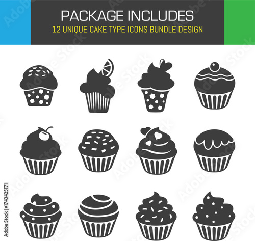 Delightful Collection of Cupcake Icons Showcasing Unique Flavors and Designs in Simple Black