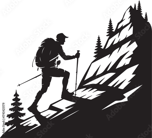 Hiker silhouette conquering the mountain trail