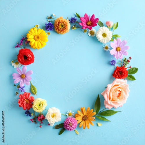 Colorful Floral Wreath on Blue Background
