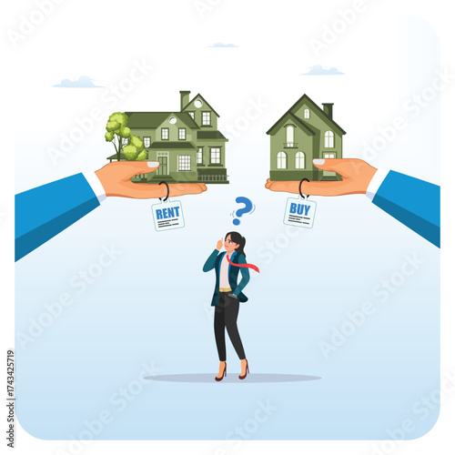 investment or lifestyle choice concept. Two Big Hands Present Rent And Buy Options To A Woman.