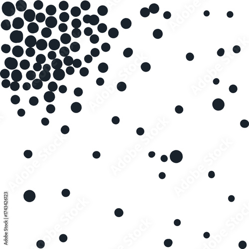 Large and small spots or circles are denser in the upper corner and there are fewer of them closer to the bottom of the canvas.
