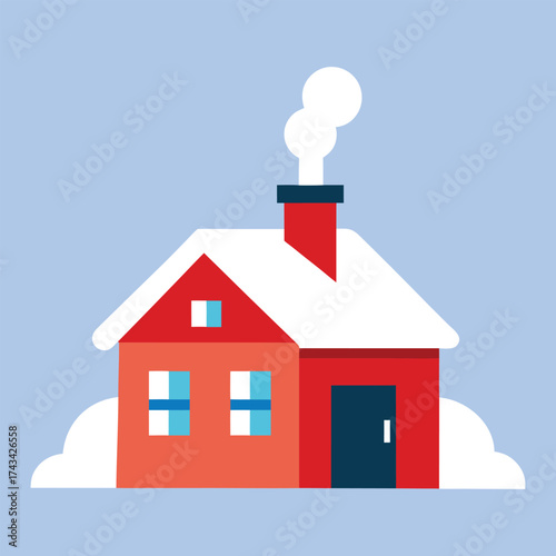 Red house with snow and smoke illustration home winter