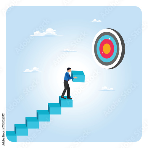 Motivation to reach target concept, businessman climbs stair to reach target.