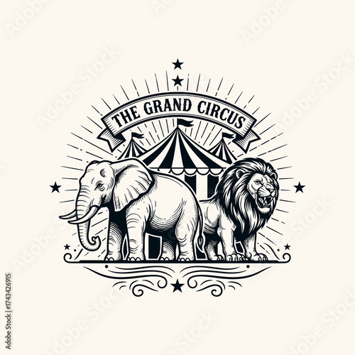 Grand Circus Illustration Featuring Elephant, Lion, and Big Top Tent.