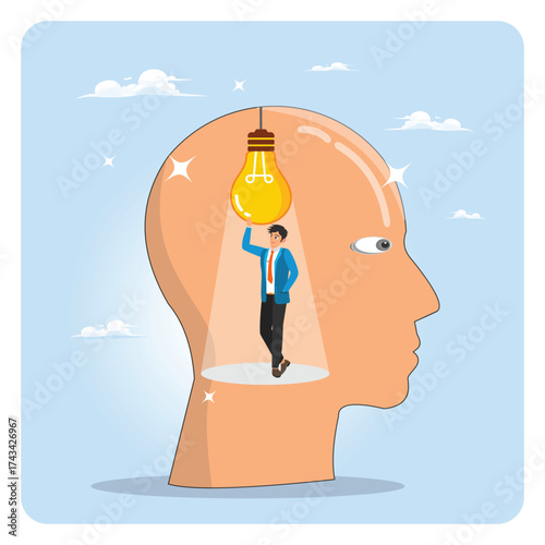 Smart thinking concept, smart man turn on light bulb idea inside his genius head.