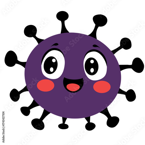 Cheerful purple virus character with rosy cheeks, perfect for children’s content, science lessons, or lighthearted health campaigns.
