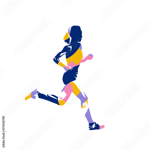 Running woman, run, abstract isolated vector silhouette. Female athletics logo. Marathon
