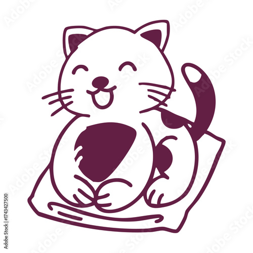 A cute, happy, cartoon-style cat with dark purple markings is sitting on a light-colored cushion.