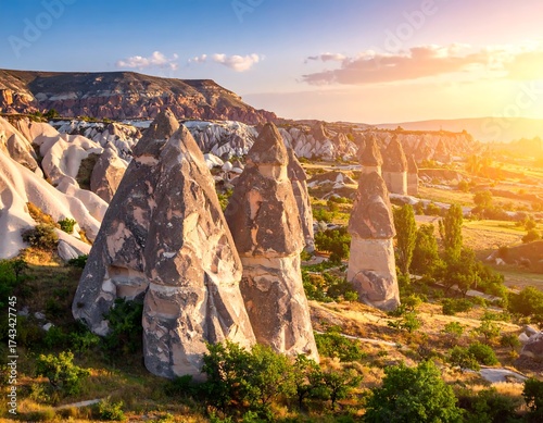 Unique rock formations meet the sky in a sunny, arid landscape, scattered with scrubby vegetation, at golden hour